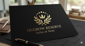 Tarjeta de presentación negra con un emblema dorado y texto para 'OCGROW RESERVE Suites at Terez'.
