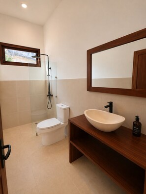 A modern bathroom with a toilet, a shower, a large mirror, and a wooden vanity.