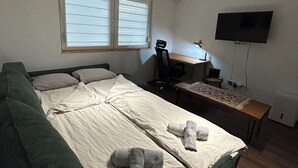 Una camera da letto con un letto, una scrivania, una sedia, una televisione e una finestra con persiane.