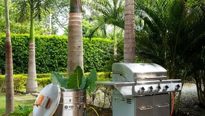 Een roestvrijstalen buitenbarbecue met een deksel, een metalen pan en een bedieningspaneel, gelegen in een aangelegde tuin met palmbomen en een haag.