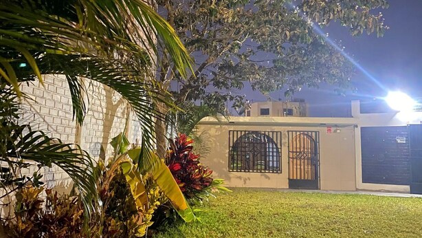A well-maintained lawn, a gated building, and a tree with dense foliage.