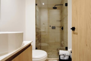 Dusche, Haartrockner, Handtücher, Shampoo