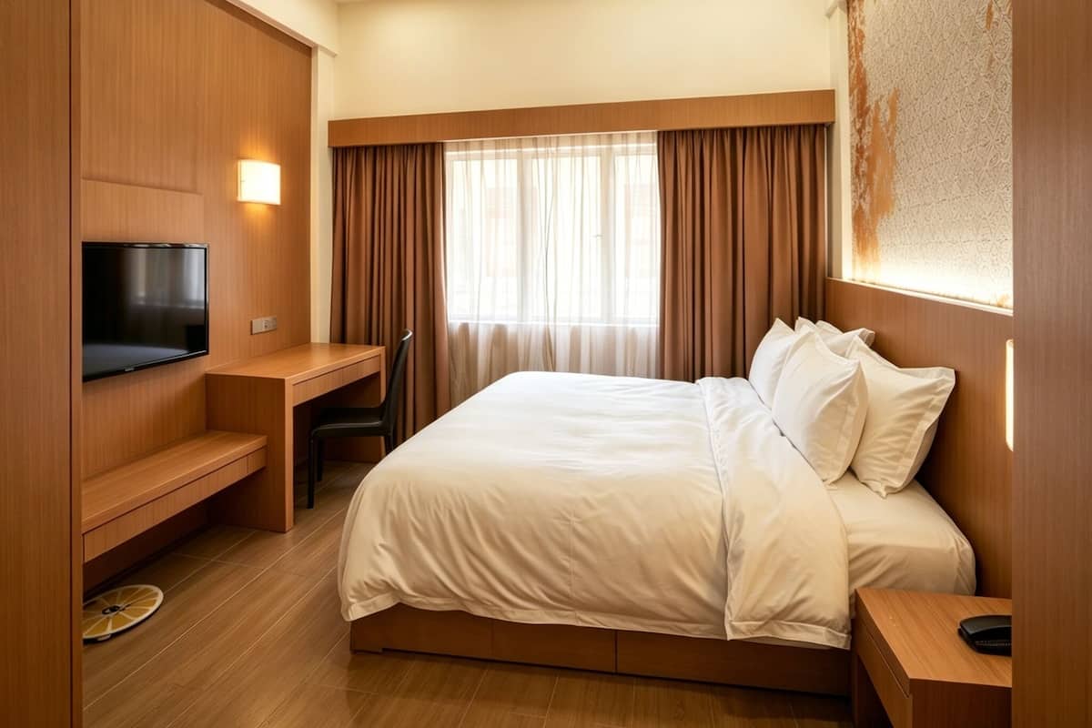 Hotellihuone, jossa on sänky, työpöytä, tuoli, televisio ja ikkuna, jossa on verhot.