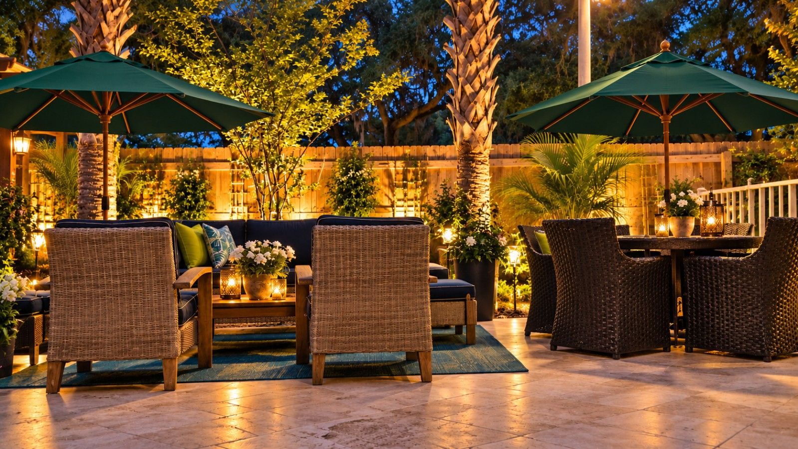 An outdoor patio area with wicker furniture, green umbrellas, and ambient lighting.