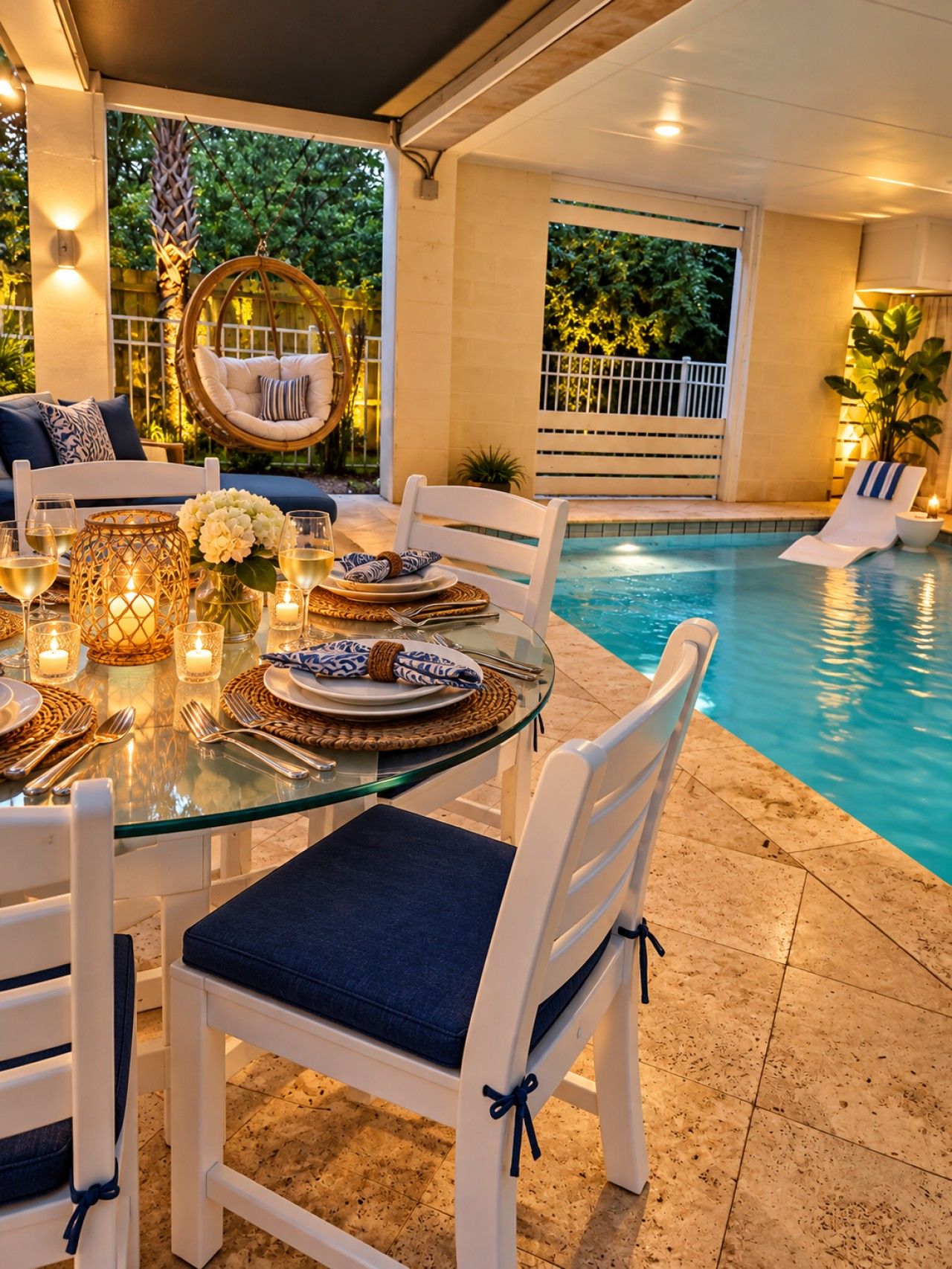 Una mesa de comedor con superficie de vidrio, sillas blancas, una piscina y una silla colgante.