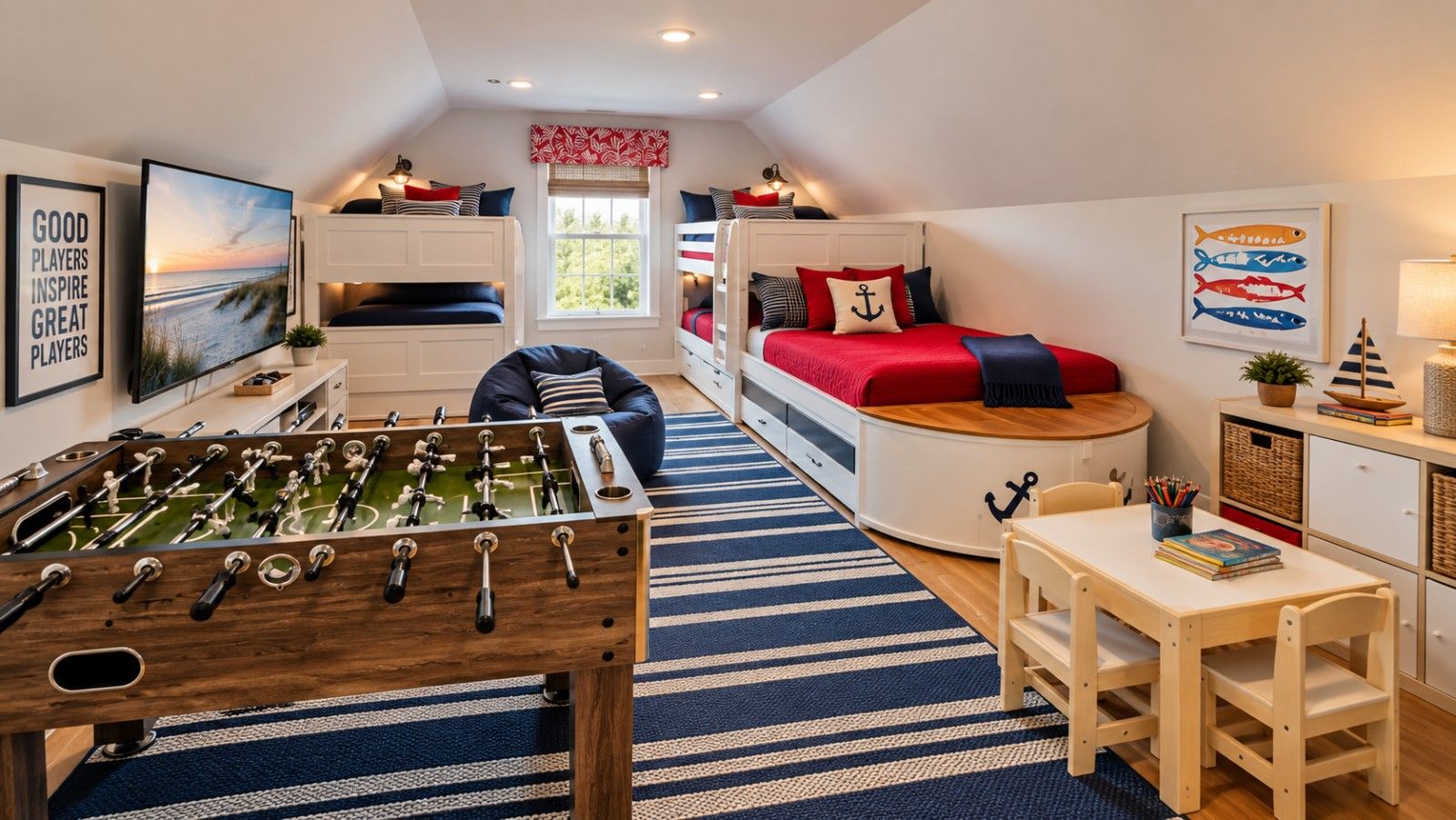 Habitación acogedora con mesa de fútbol, literas, escritorio con silla y ventana con vistas.