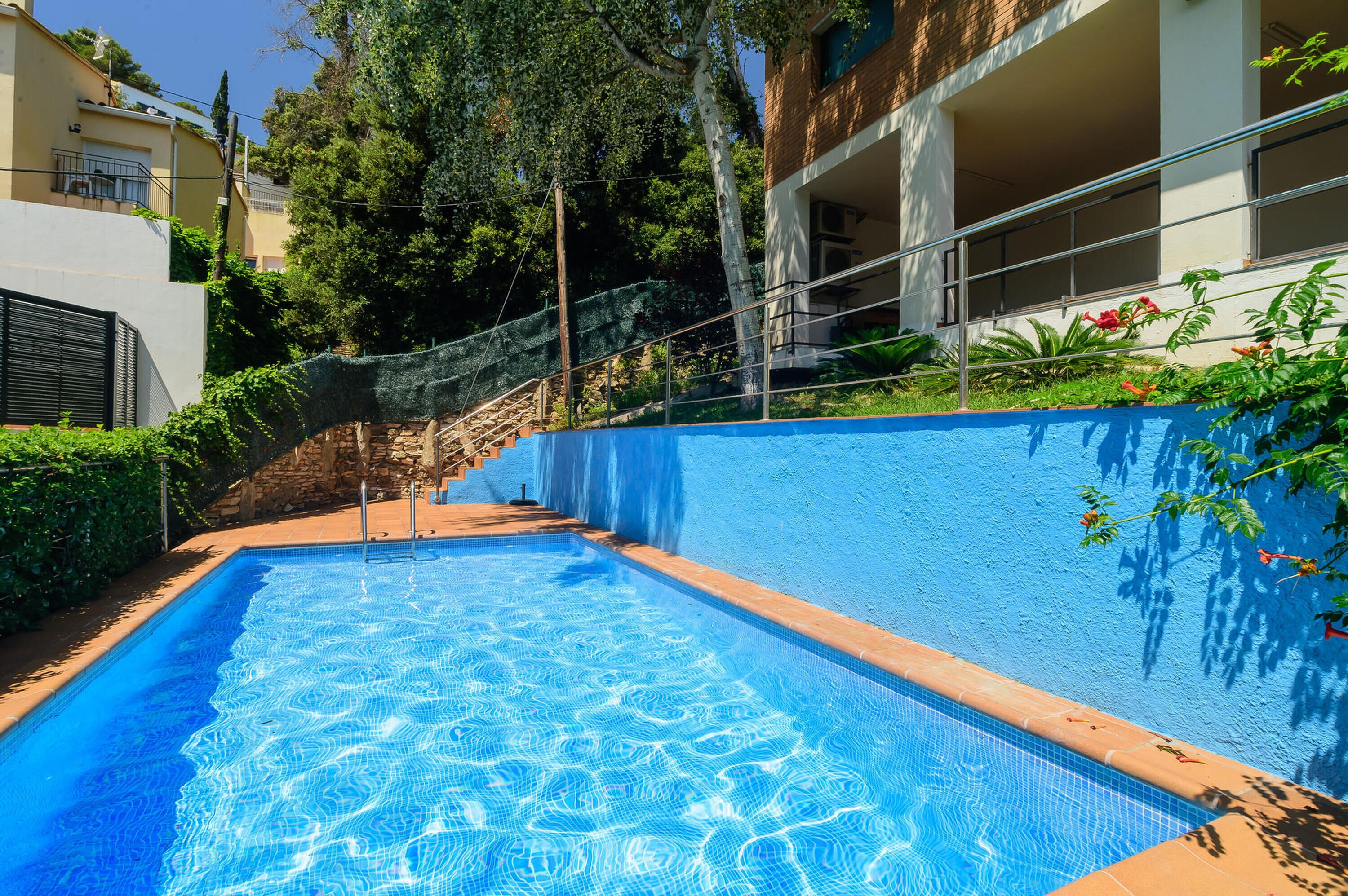 A swimming pool with a blue tiled edge, surrounded by a stone wall and greenery.