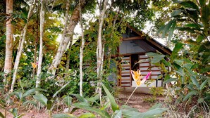 A traditional wooden structure surrounded by dense foliage and tropical plants. - Tranquilidad Cabin, Left Hemisphere (San José Del Guaviare)