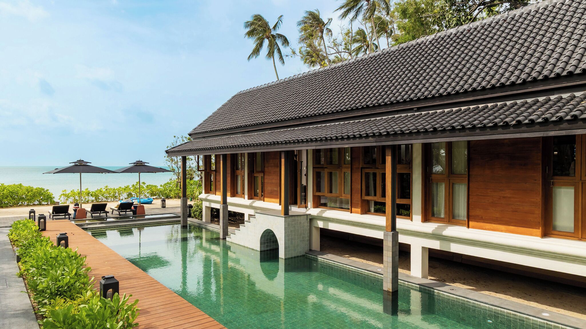 Outdoor pool, pool umbrellas, pool loungers