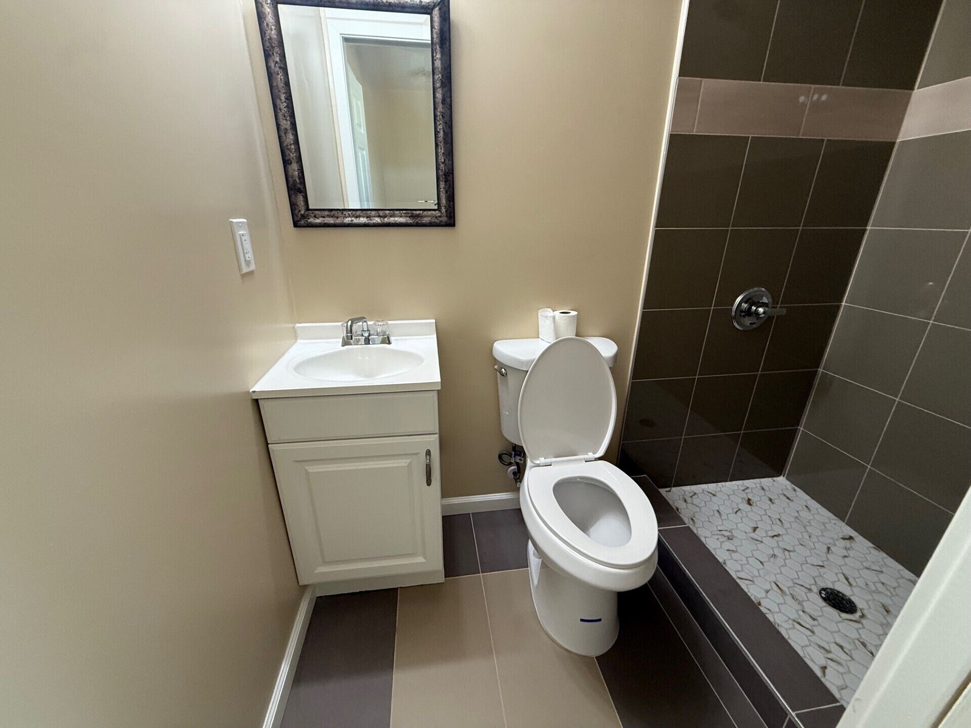 Een badkamer met toilet, wastafel, spiegel en douche.