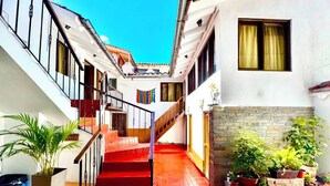 Un estrecho callejón con una alfombra roja que conduce a una escalera, plantas en macetas y un letrero de servicio de lavandería.