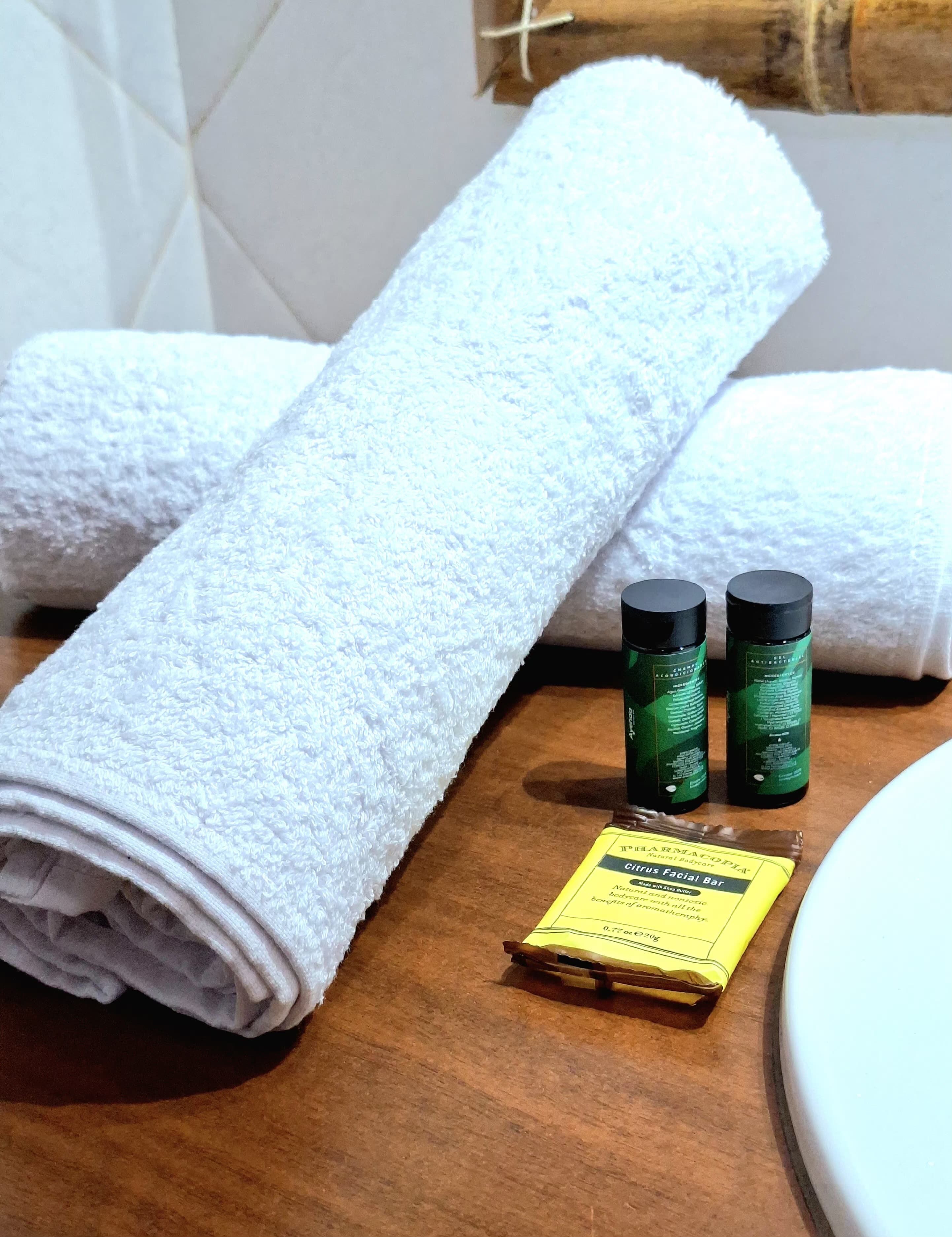 Serviettes fournies, savon, shampoing, papier toilette