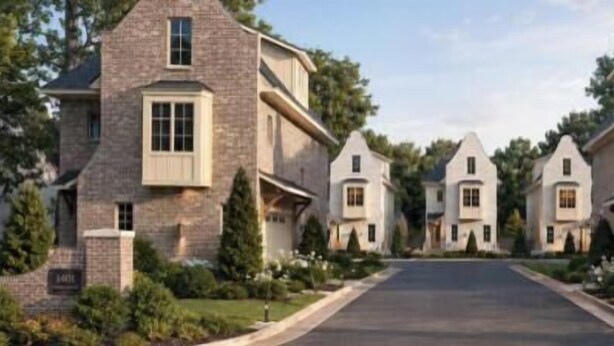 A row of stone houses with a central road, surrounded by greenery. - King & Queen- All 5 Units (Auburn)