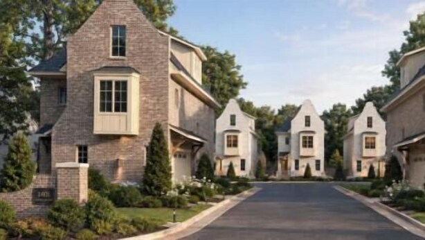 A row of stone houses with a central road, surrounded by greenery.