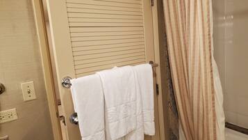 Hair dryer, towels, soap, toilet paper