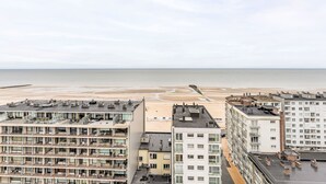Een hoog hotel met meerdere balkons met uitzicht op een strand.