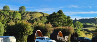 Pod 5 at Flat Hills Cafe and Tourist Park (Family Pod - sleeps 4). Right on SH1