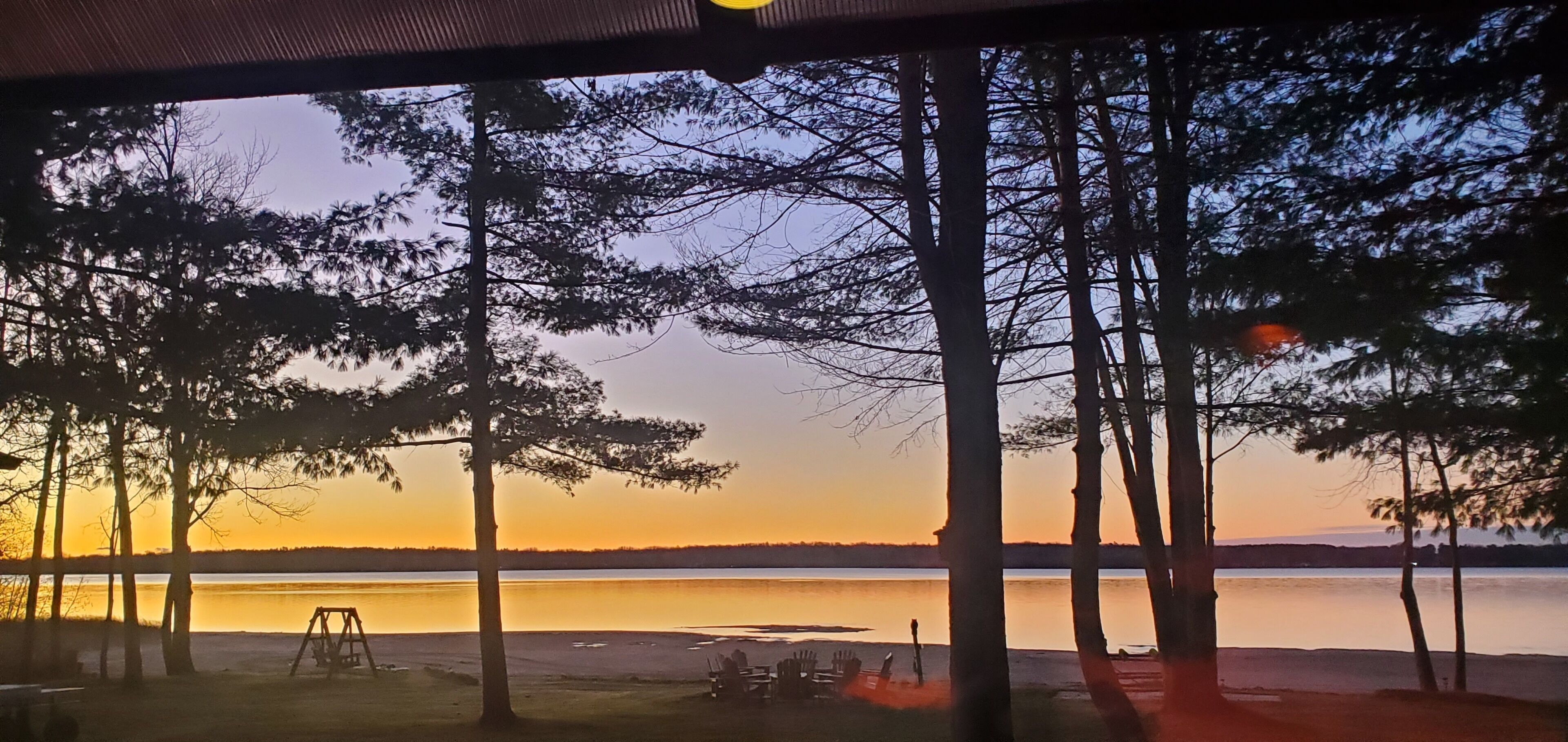 A lakeside view with trees, a swing set, and a row of chairs.