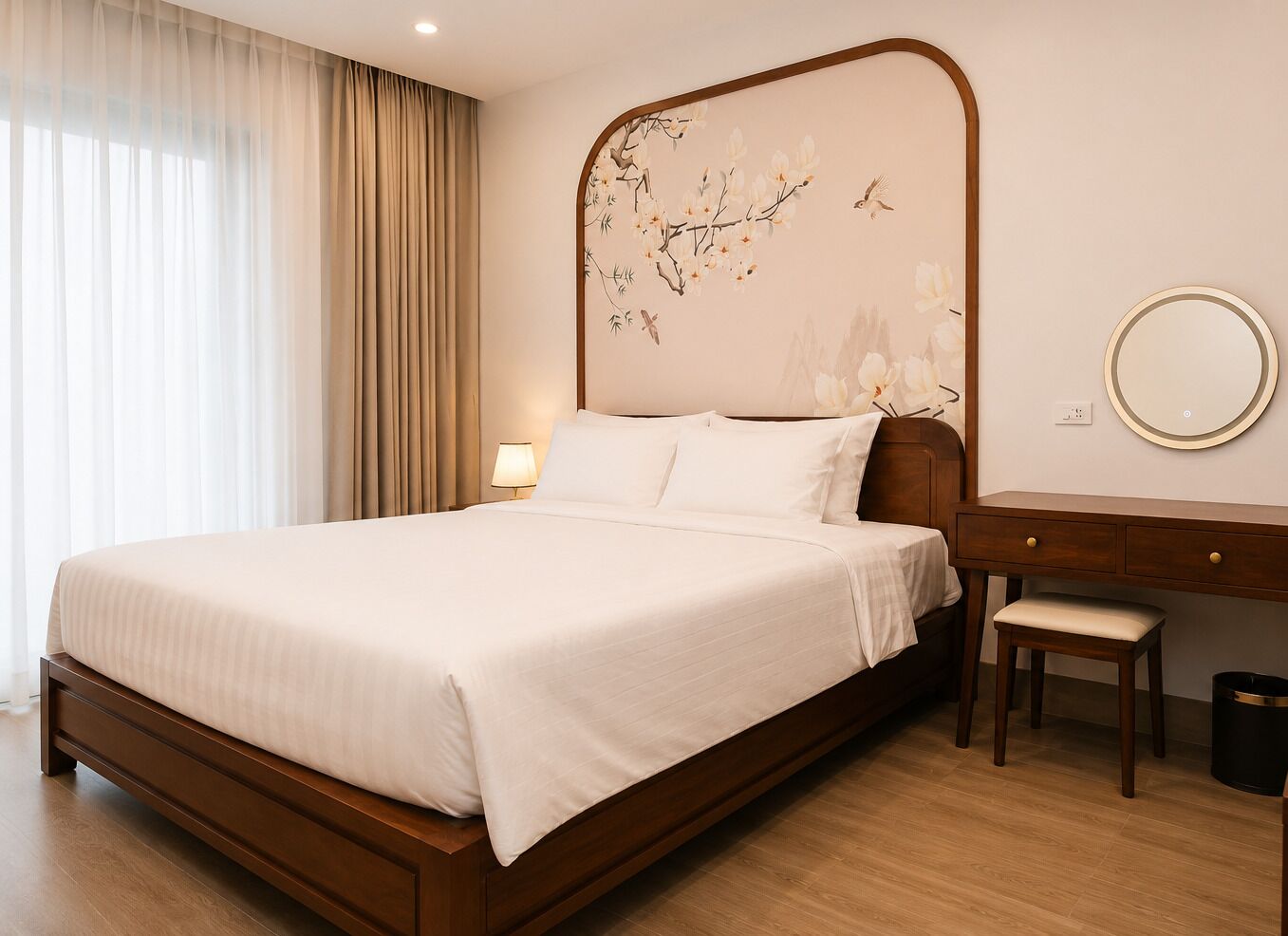 A hotel room with a large bed, a wooden nightstand, a desk with a chair, and a wall-mounted mirror.