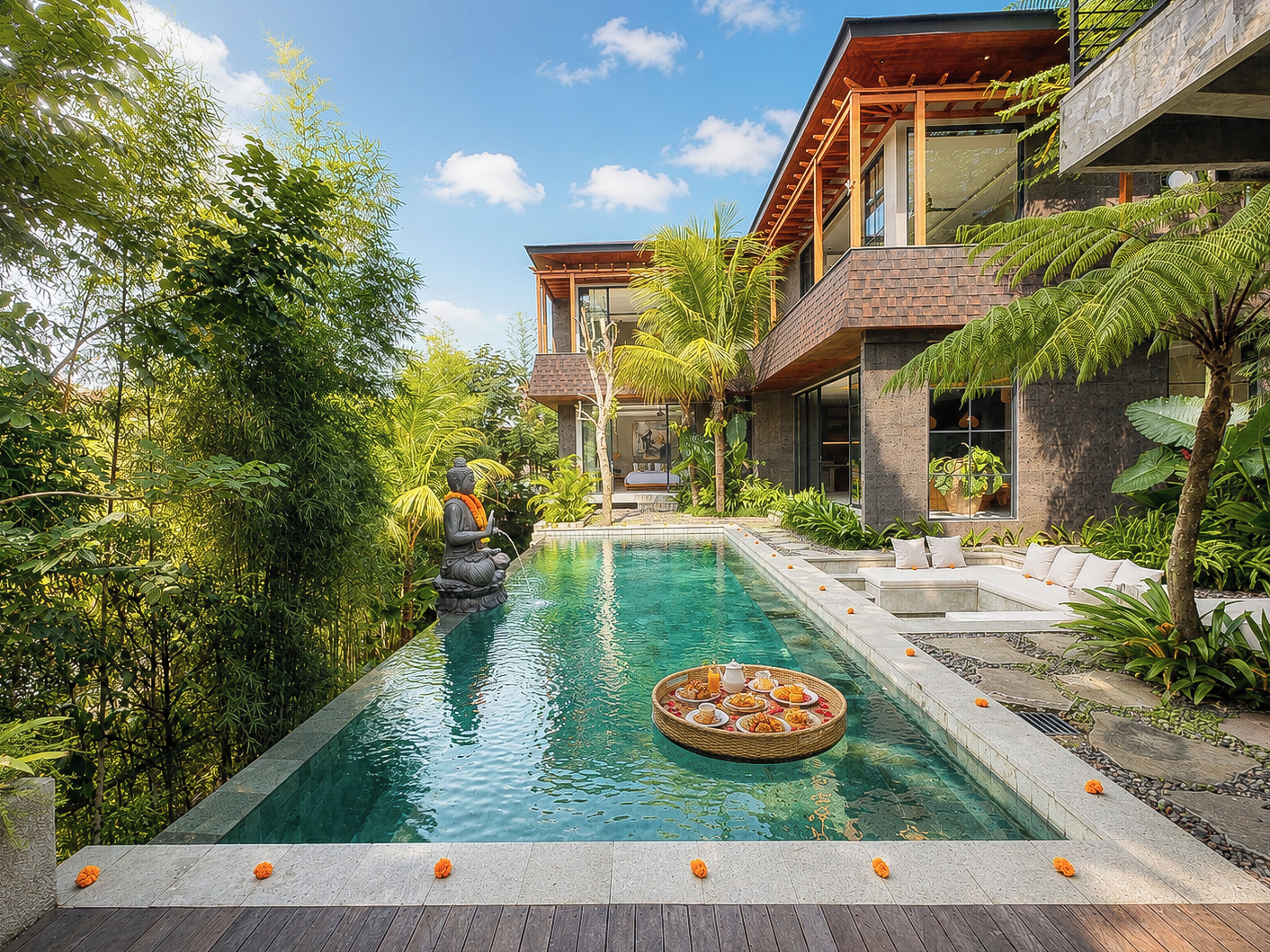 A modern house with a swimming pool, surrounded by lush greenery.