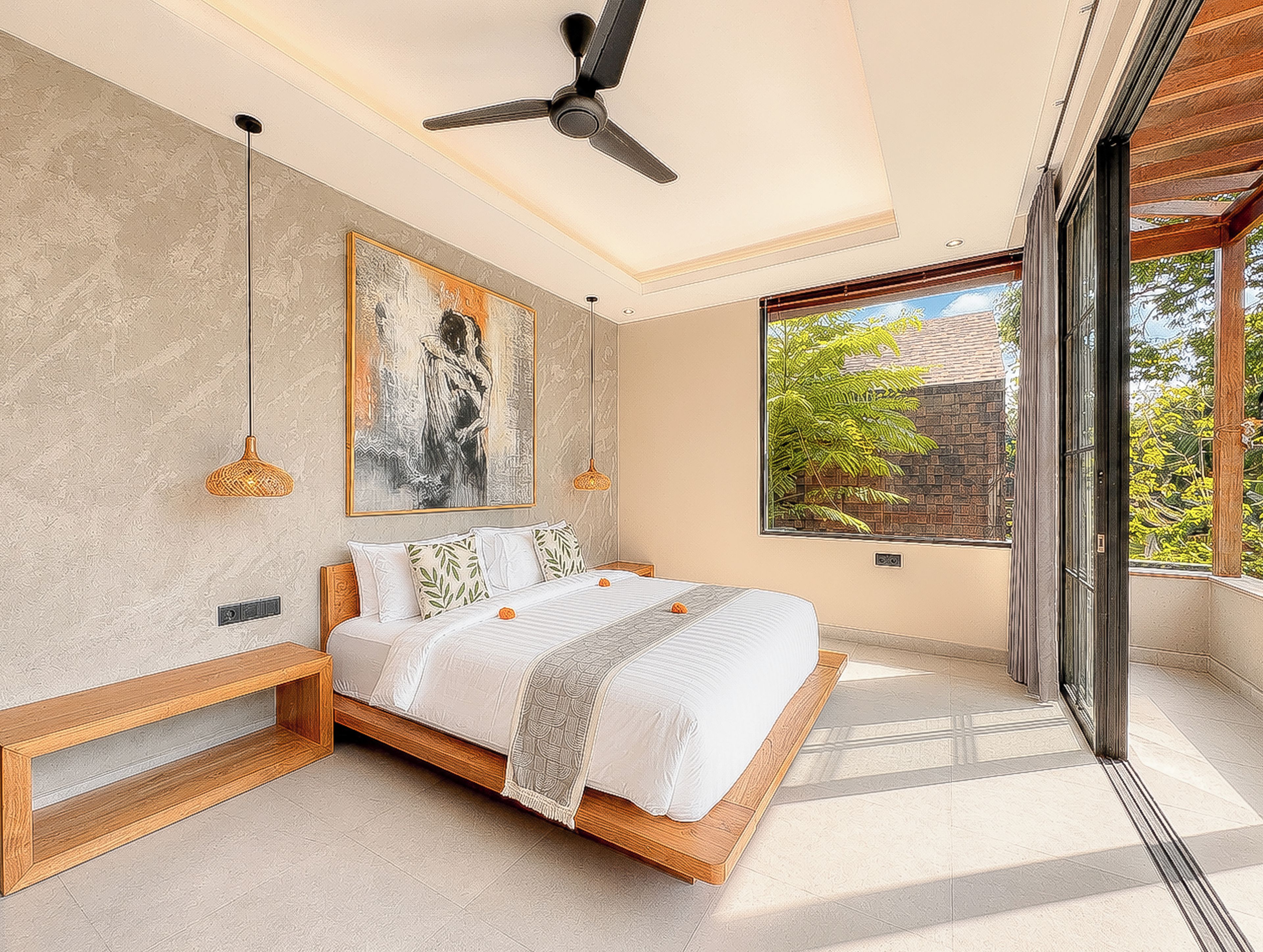 A bedroom with a bed, a ceiling fan, a large window, and a wall-mounted artwork.