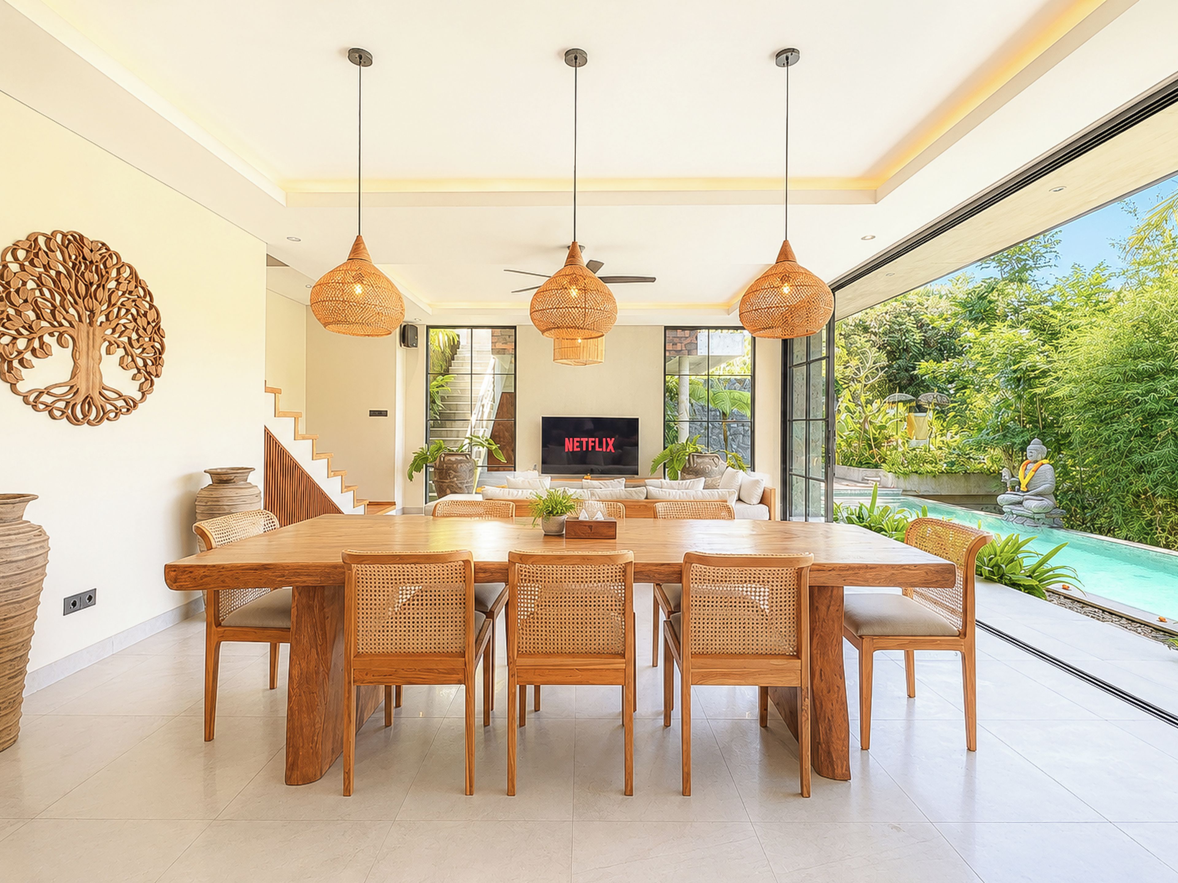 Un espace repas moderne avec une grande table en bois, des chaises en osier et un téléviseur diffusant du contenu de « NETFLIX ».