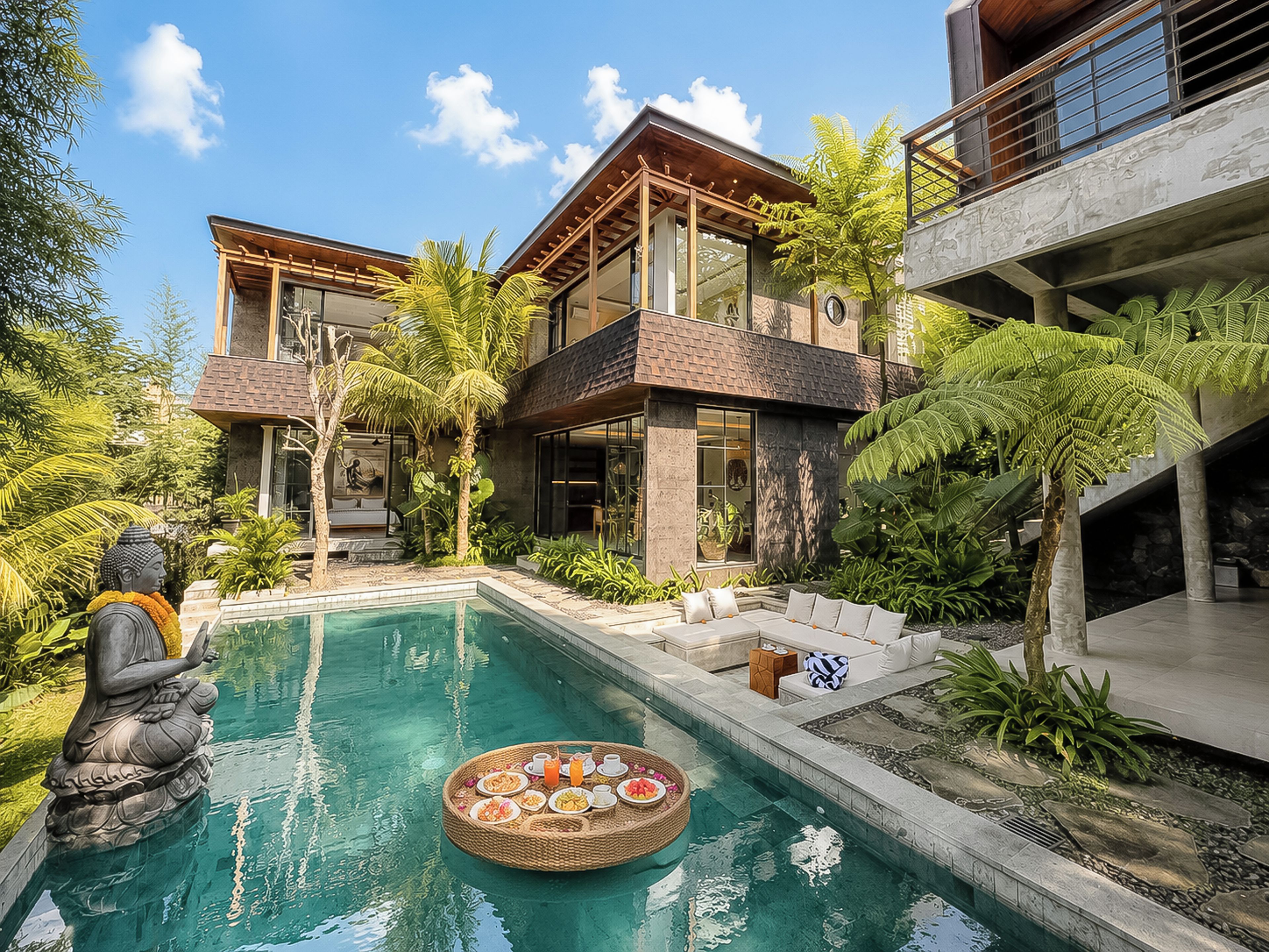 Una casa moderna con piscina, area relax all'aperto e piante tropicali.