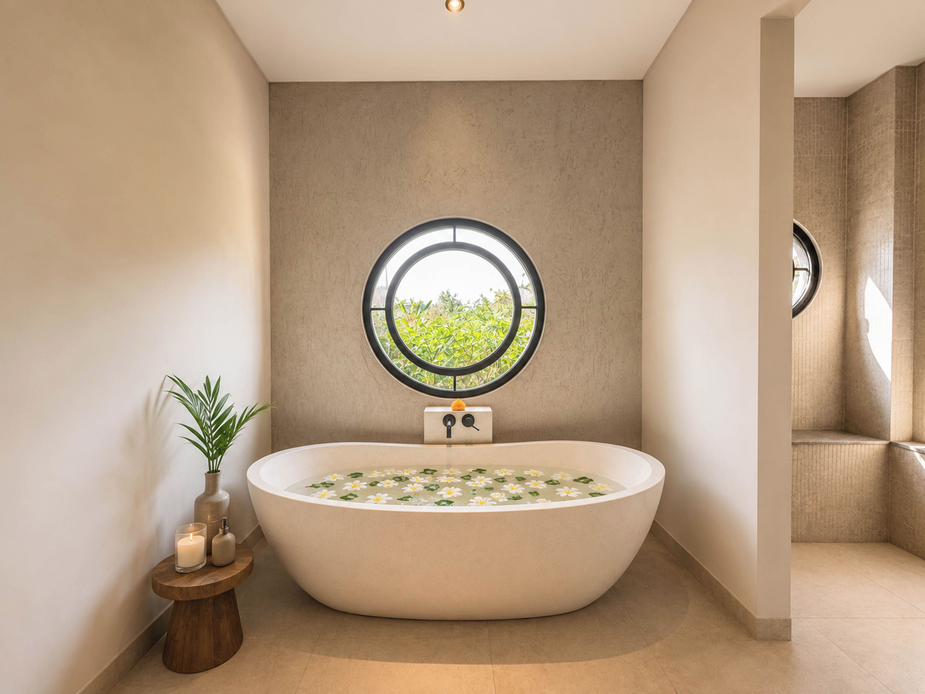 A modern bathroom with a freestanding bathtub, a round mirror, and a window with a view of greenery.