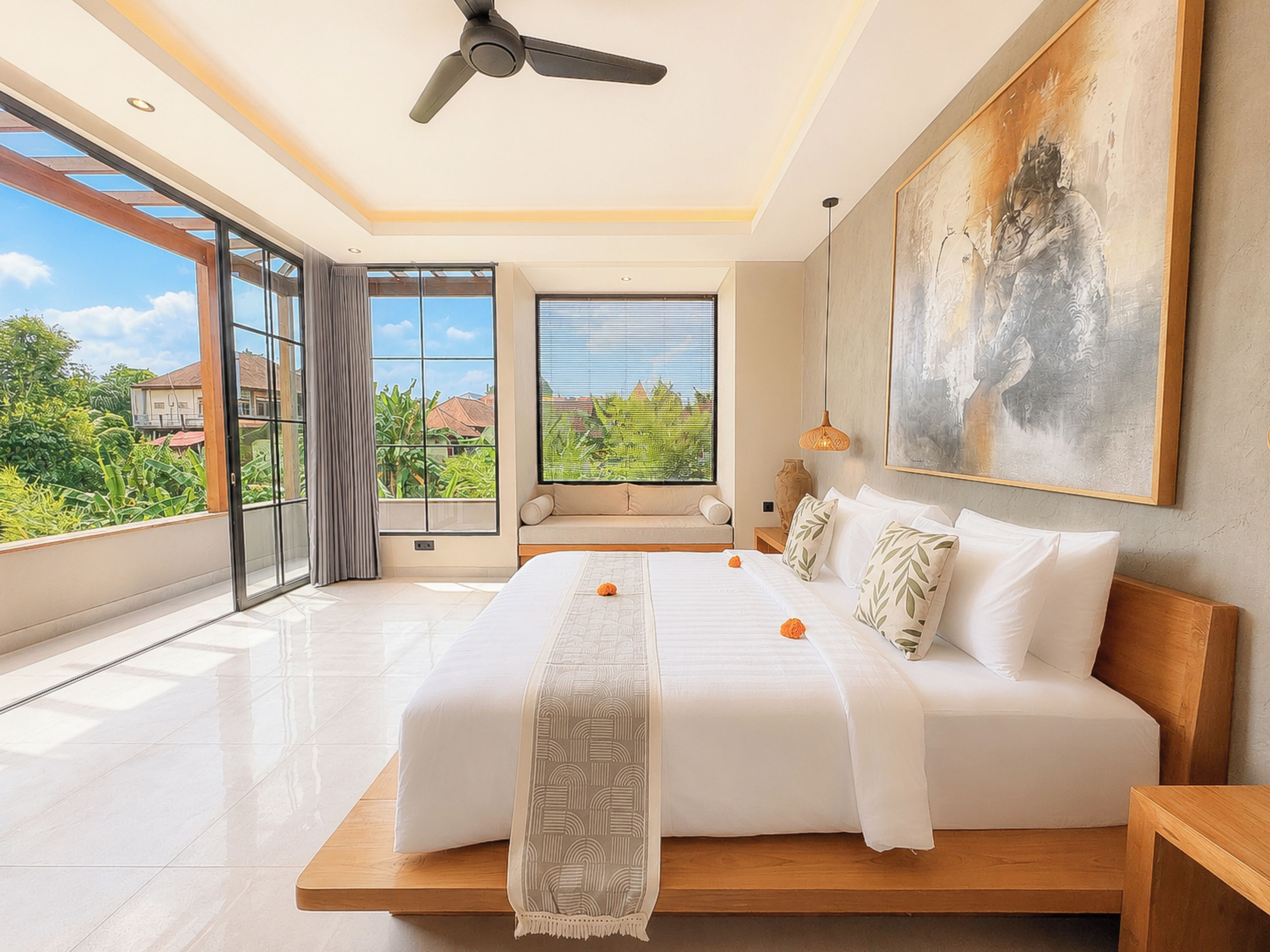 Une chambre spacieuse avec un grand lit, une vue sur la verdure et un ventilateur de plafond.