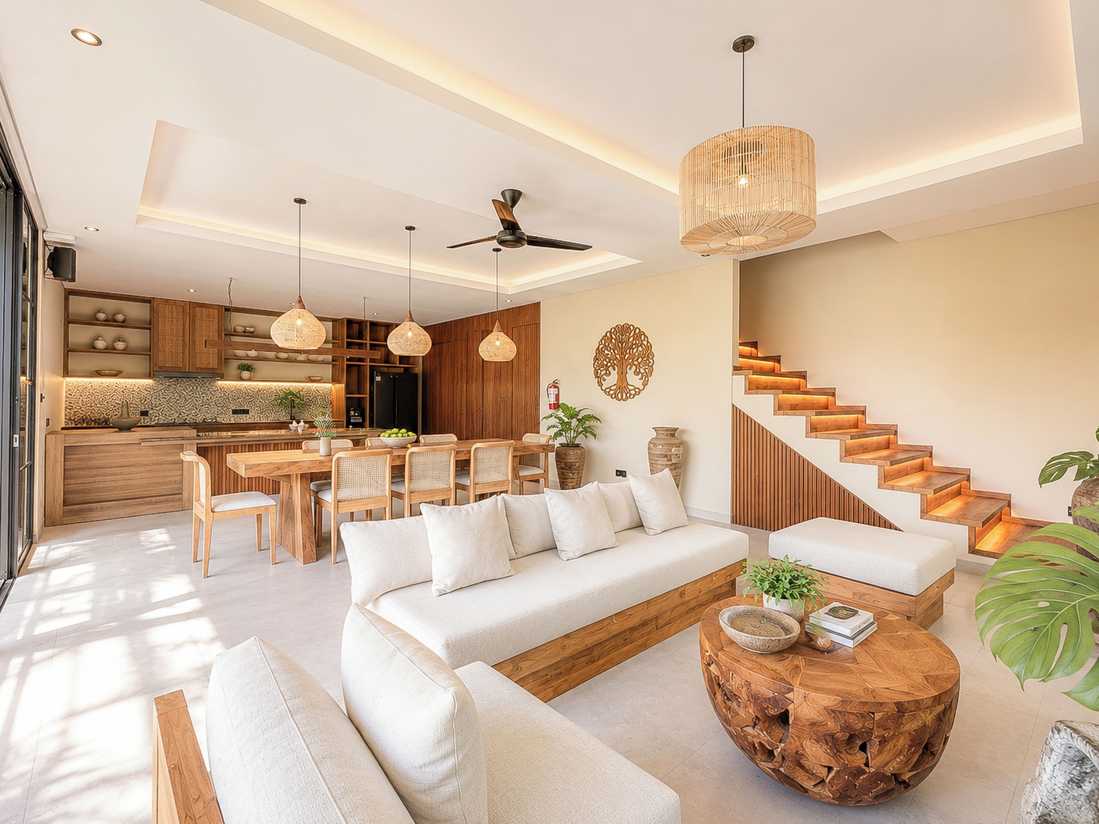 Una sala de estar moderna con un sofá, una mesa de comedor y sillas, una escalera y una cocina al fondo.