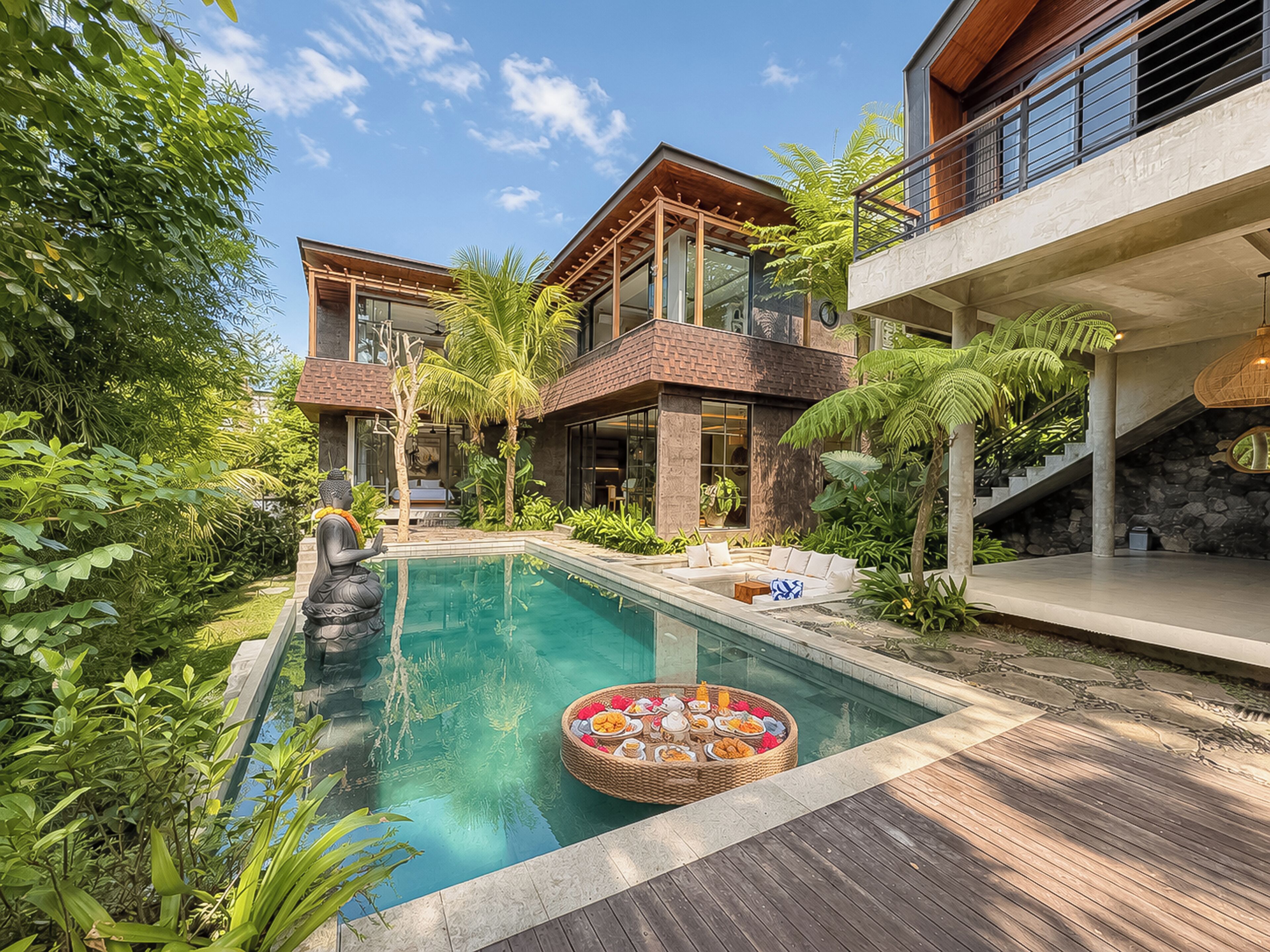 A modern resort with a pool, lush greenery, and a Buddha statue.