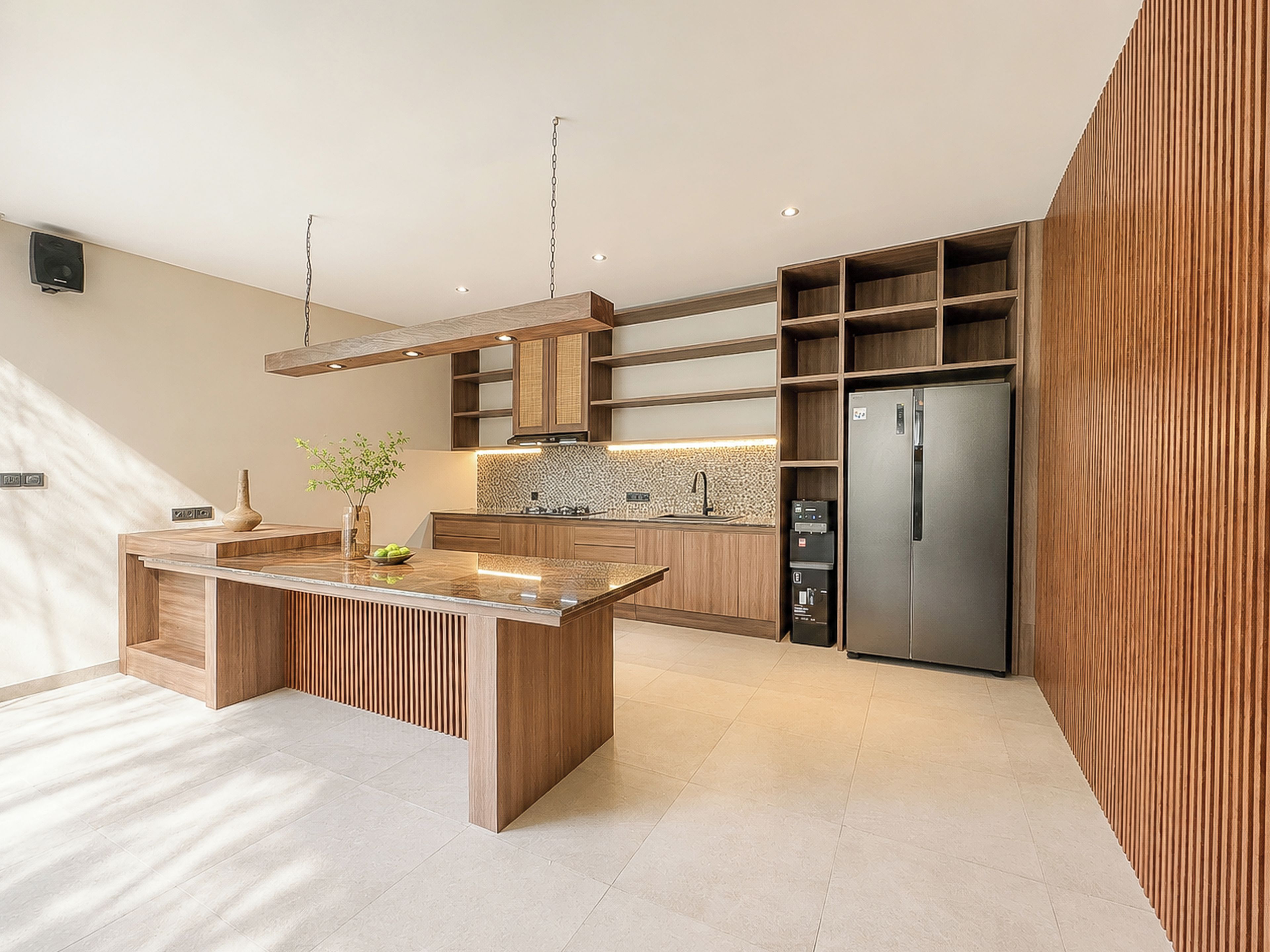 Une cuisine moderne dotée d’un îlot central, d’appareils électroménagers intégrés et d’un mur d’accent en bois.