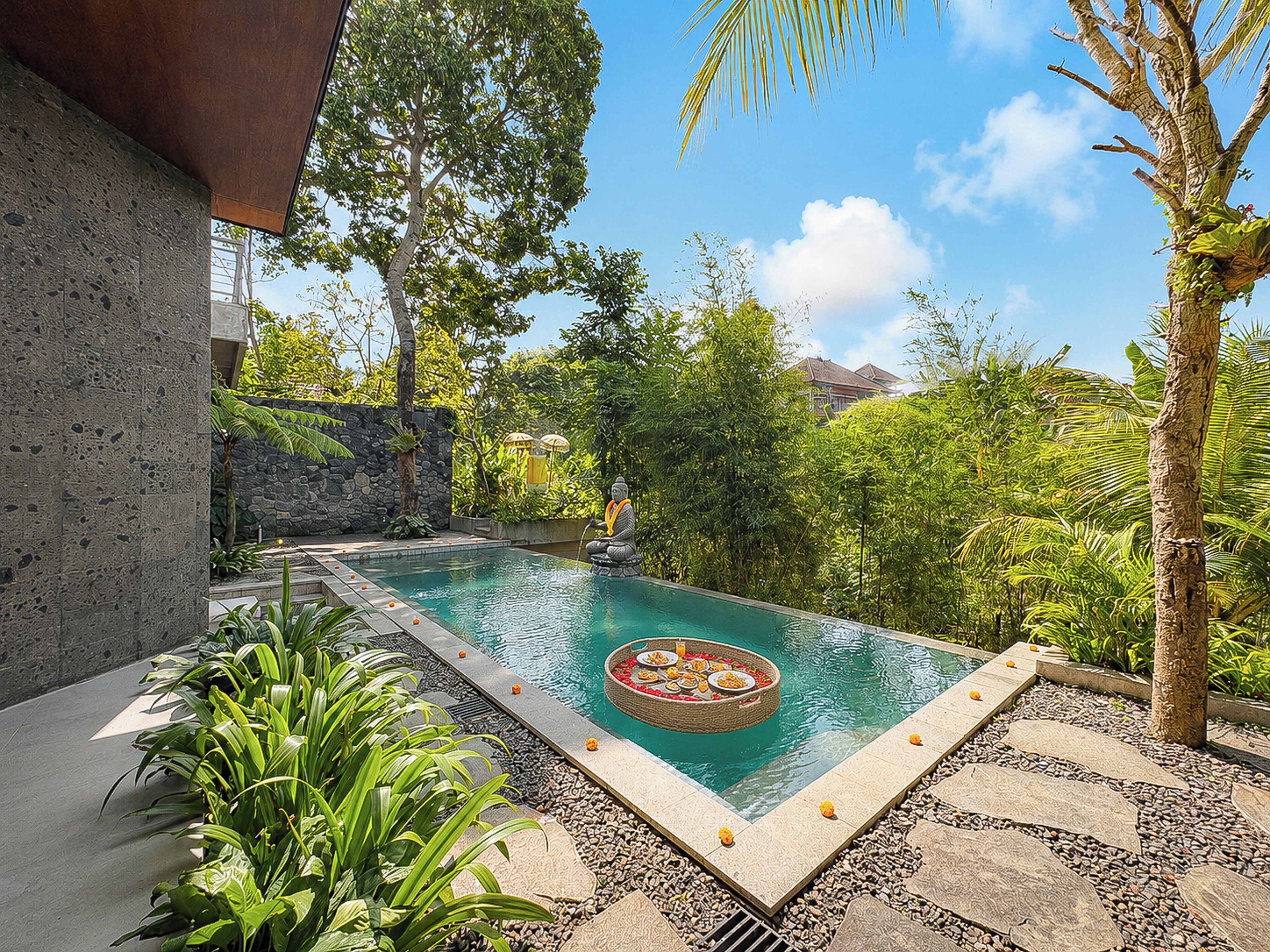 Piscina com uma banheira de hidromassagem circular, rodeada por plantas tropicais e uma parede de pedra.