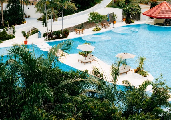Área de piscina en un resort con múltiples sillas de descanso y sombrillas, rodeada de exuberante vegetación.