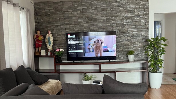 Moderni olohuone, jossa on harmaa sohva, seinälle asennettu taulutelevisio kiviseinän edessä, pieni huonekasvi ja puulattia.