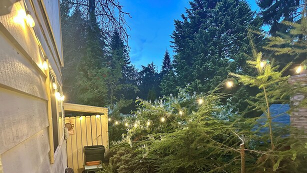 A wooden deck with string lights, a bench, and a small shed. - Welcome to the Tree House apartment- a family friendly retreat with arcade games (Lake Forest Park)