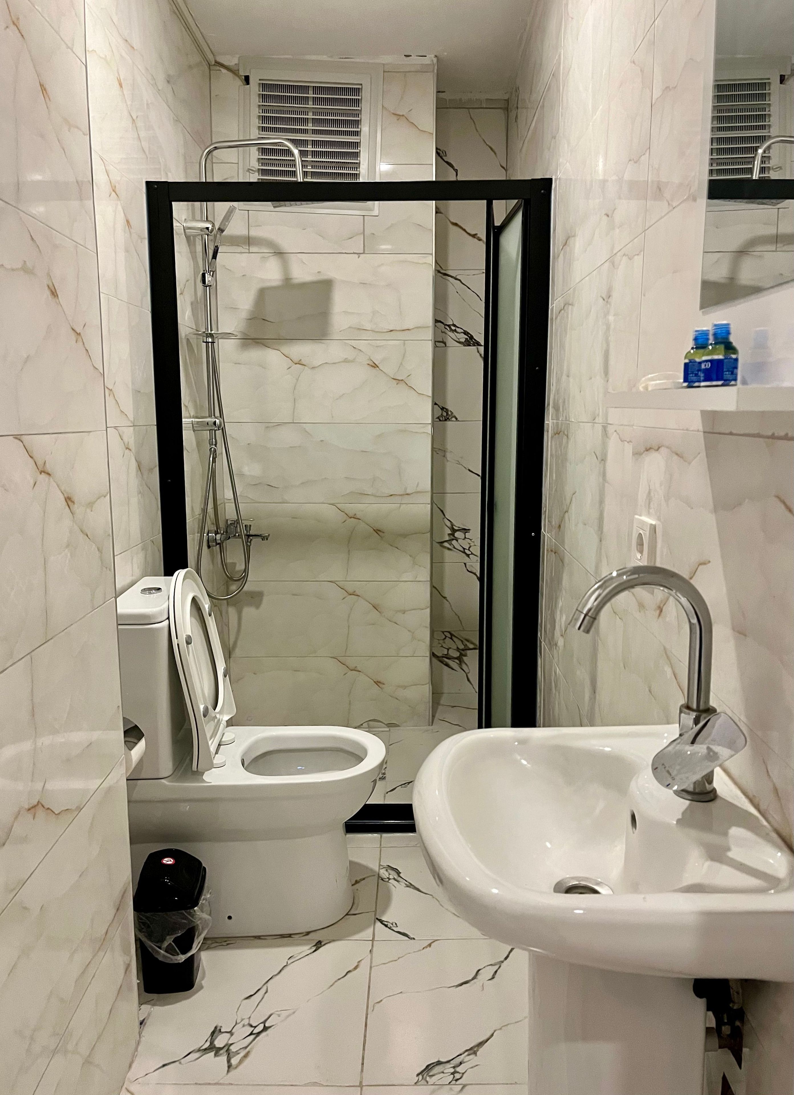 Ein Badezimmer mit Toilette, Waschbecken und Duschbereich.
