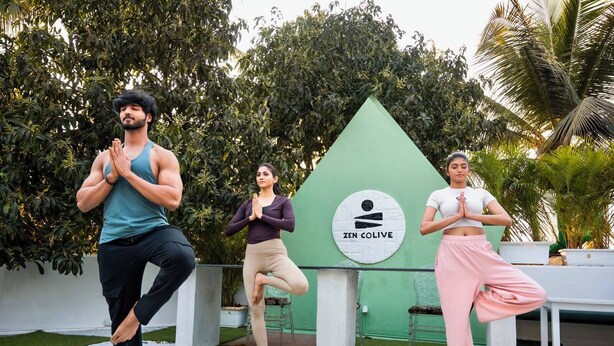 Three people practicing yoga outdoors with a green sign labeled 'ZEN COLIVE' in the background. - Zen Colive (Pune)