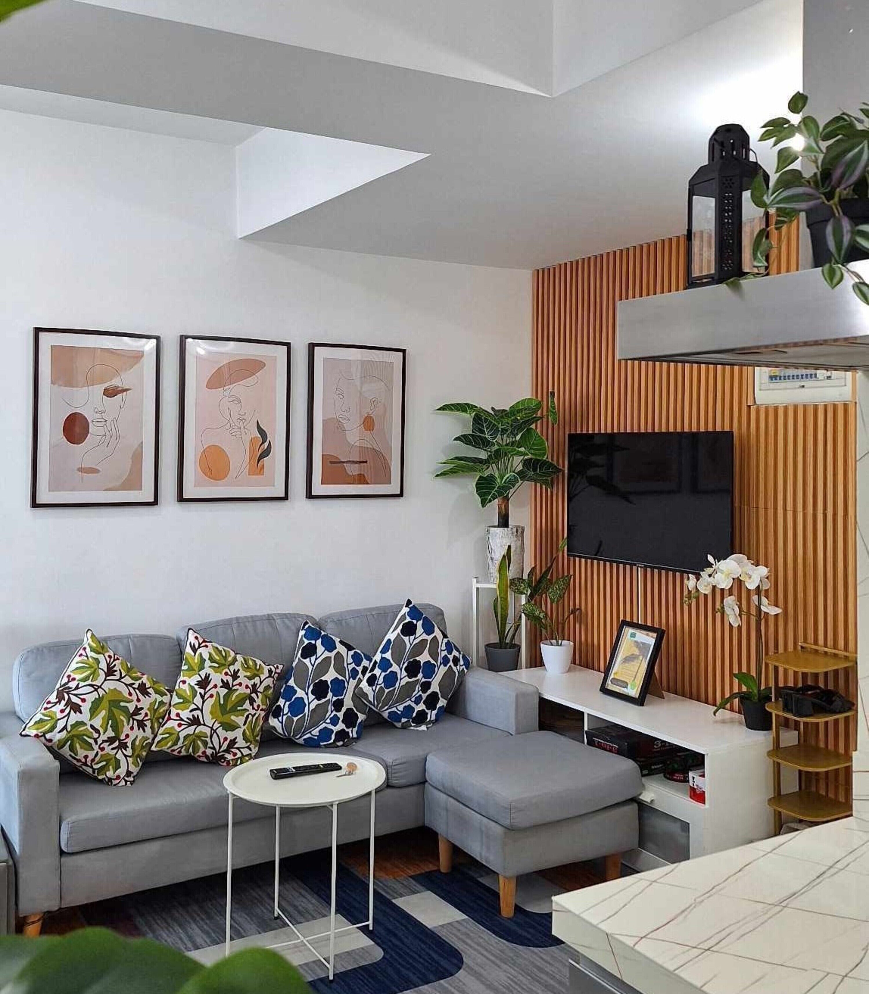 A modern living room with a grey sofa, a flat-screen TV, framed artwork, and a potted plant.
