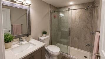 Hair dryer, bidet, towels, soap