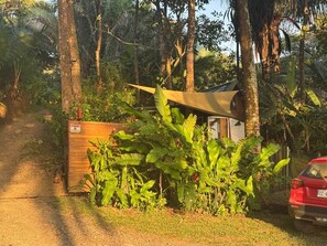 Eine kleine Holzhütte mit Metallbedachung, umgeben von üppiger Vegetation und einem in der Nähe geparkten roten Auto.