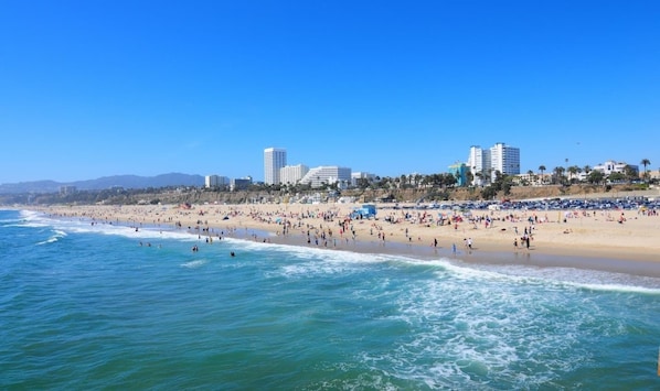 Une plage avec une vue sur la ville en arrière-plan, comprenant des immeubles de grande hauteur et des palmiers.