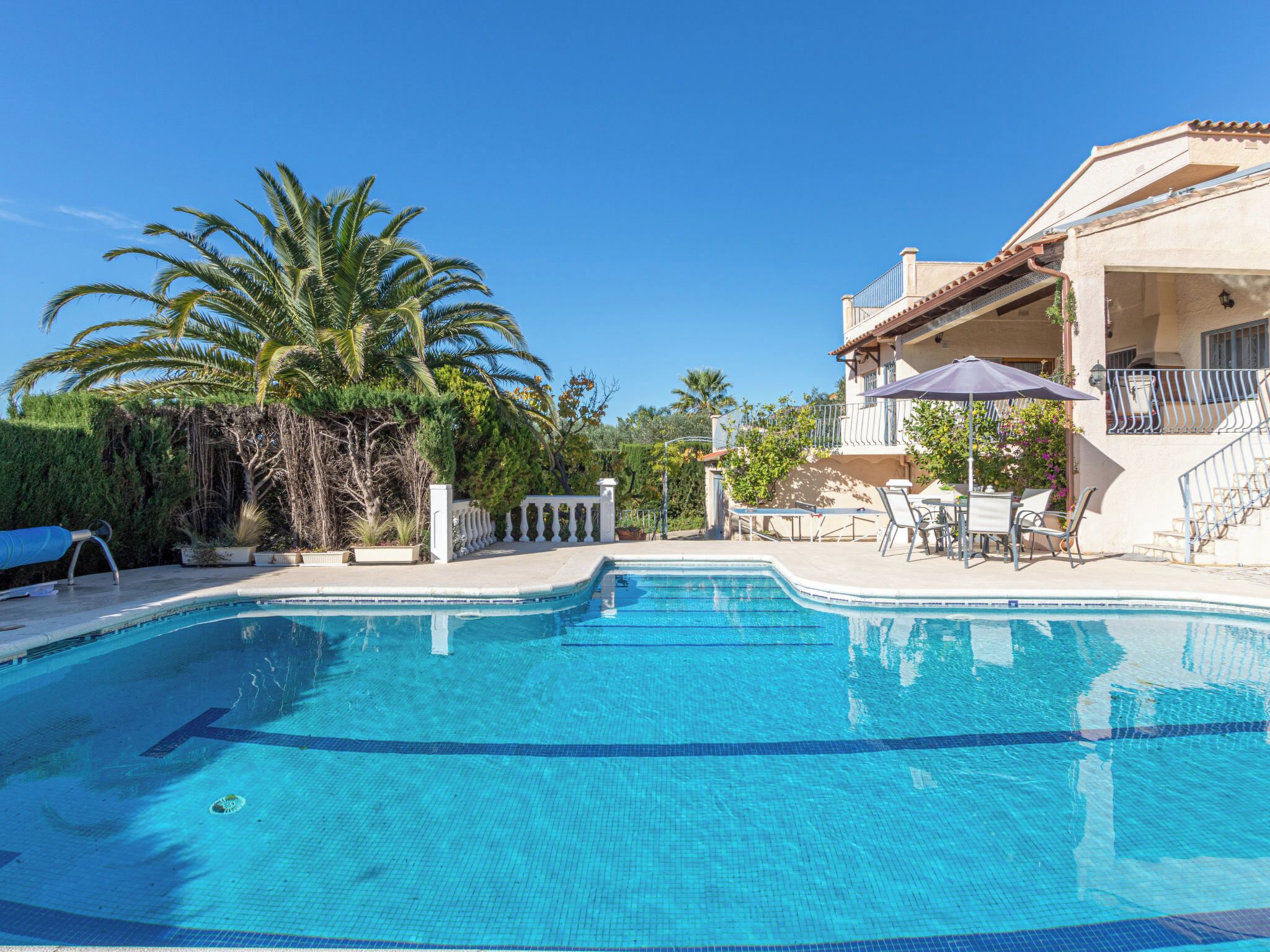 A swimming pool with a white fence, palm trees, and a building with a balcony.
