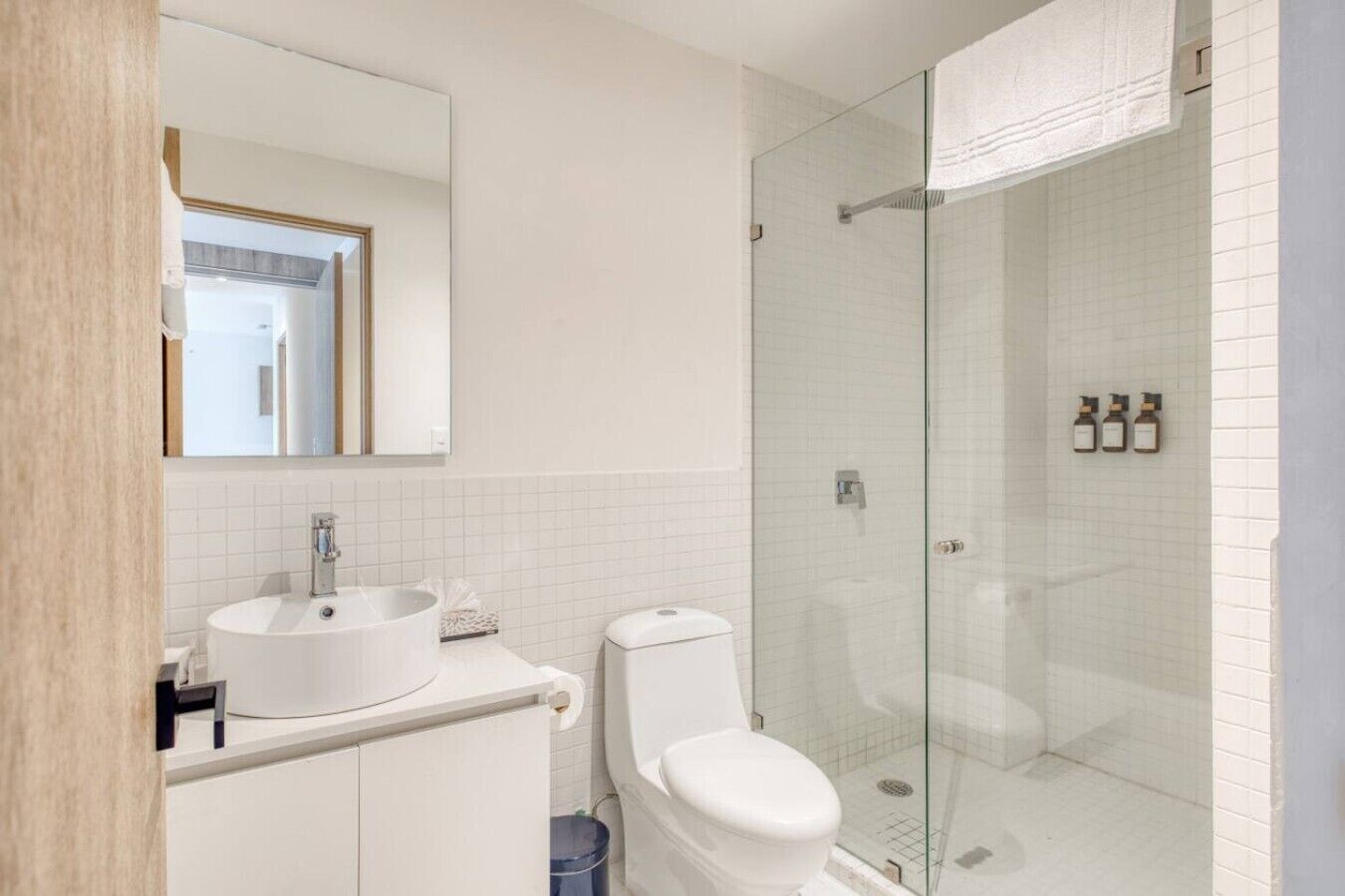 Une salle de bain moderne avec une douche à parois de verre, un lavabo blanc et des toilettes.