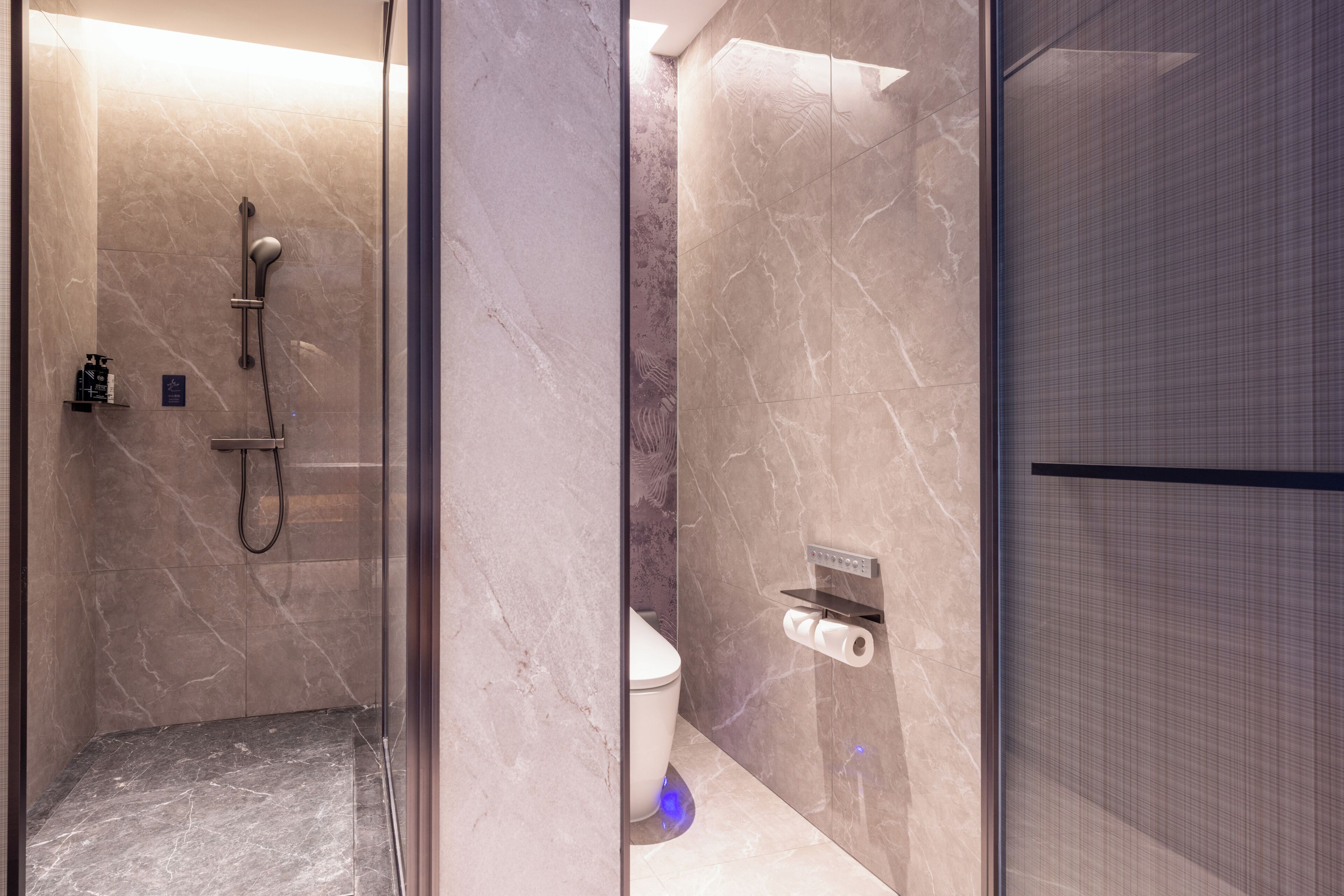A modern bathroom with a glass shower enclosure, a toilet, and a towel rack.