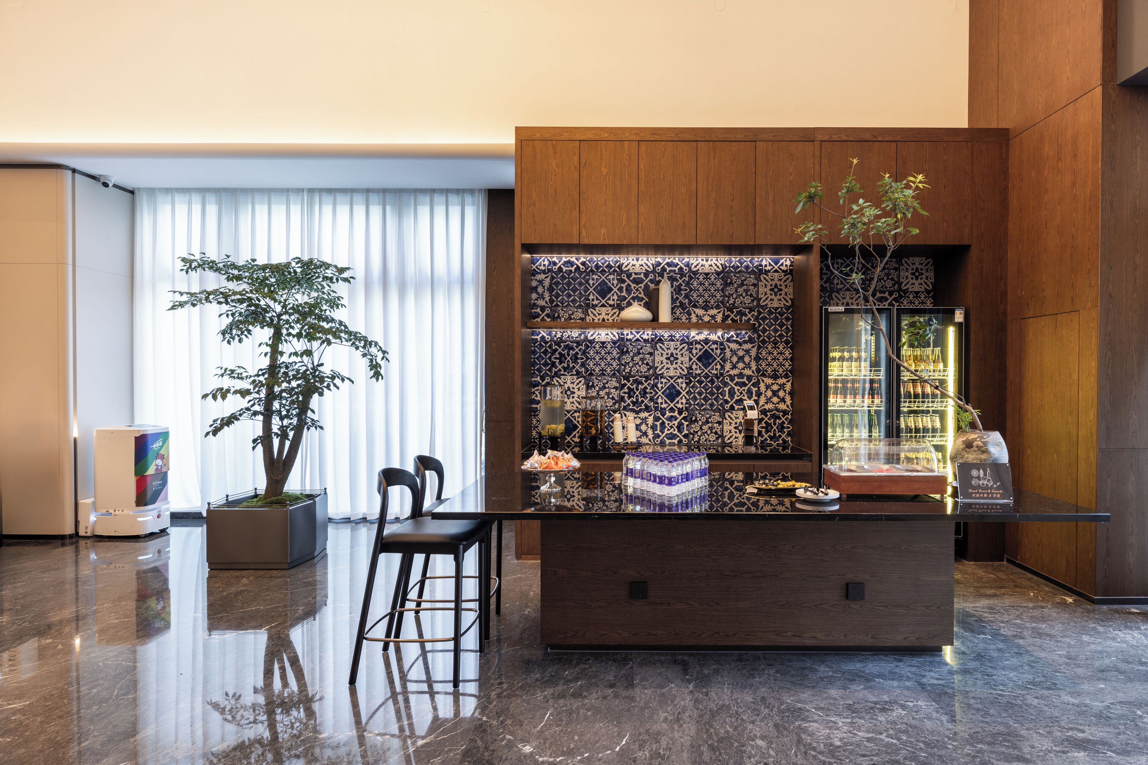 A modern kitchen with a marble countertop, a potted tree, and a decorative backsplash.