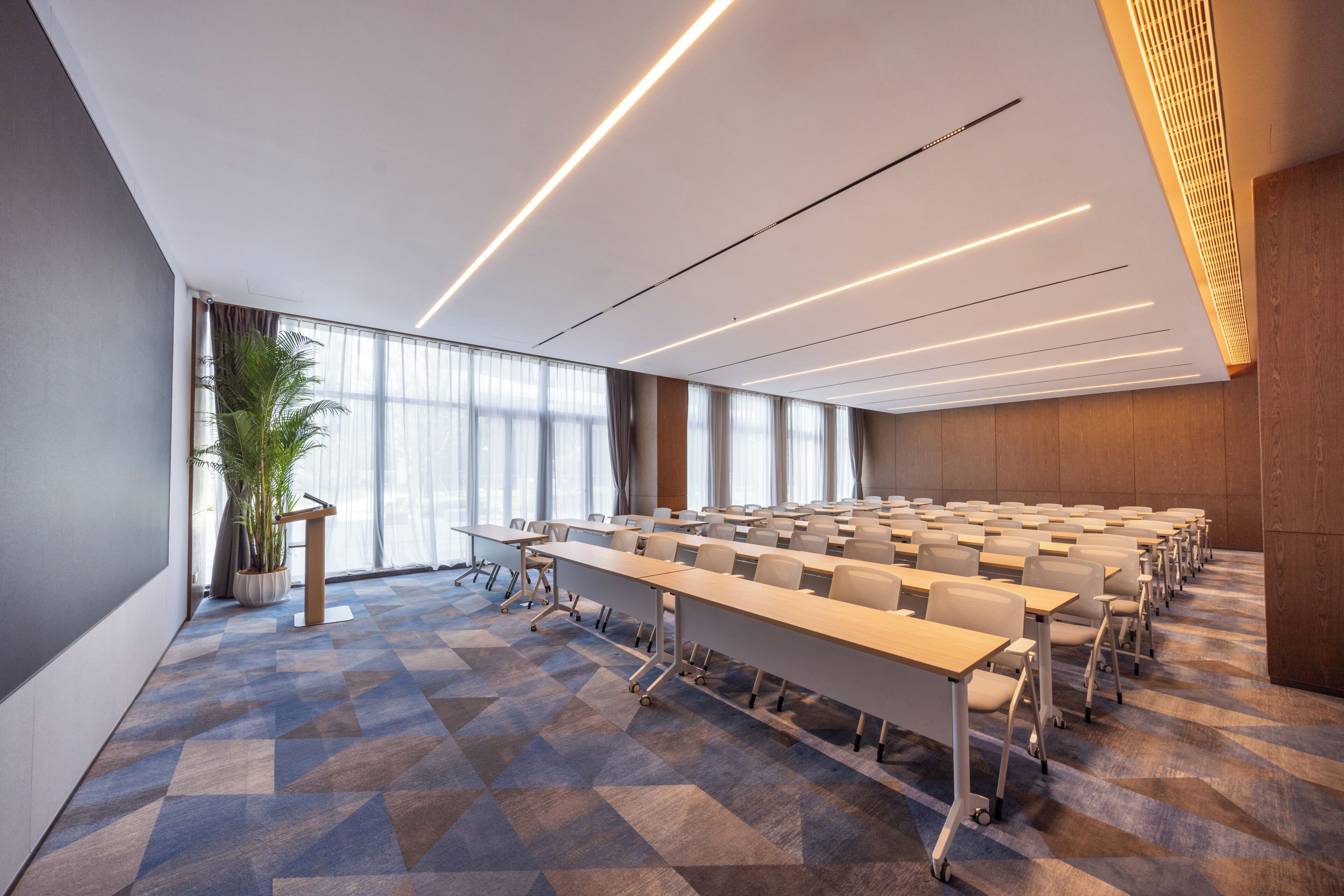 A conference room with a long table, chairs, and a potted plant.