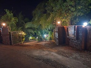 Una entrada cerrada por una verja en la noche, con un camino de tierra que conduce al interior, rodeada de palmeras e iluminada por farolas.