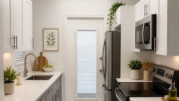 A modern kitchen with white cabinetry, stainless steel appliances, a central island, and a textured rug. - Apartment in Hollywood Beach, a 10-minute drive from the beach (Hollywood)