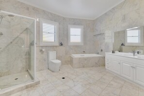 A bathroom with a shower, toilet, bathtub, and a large vanity with a mirror.